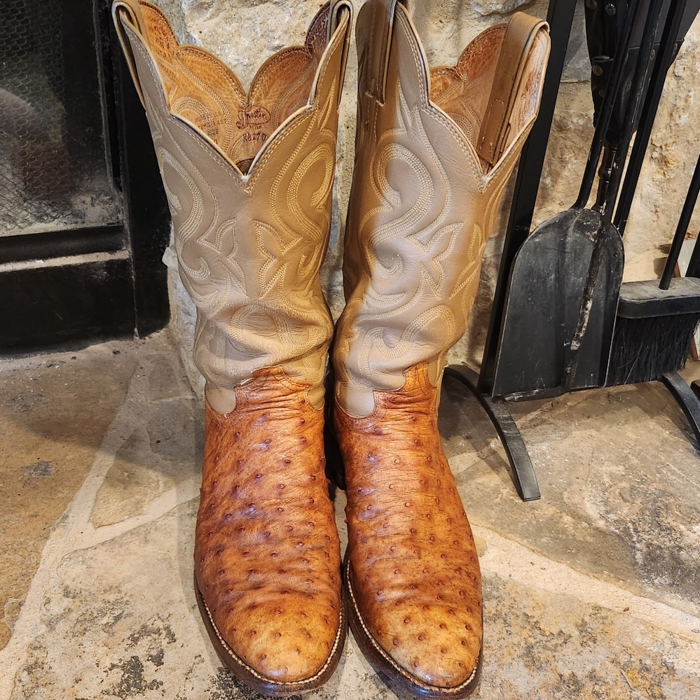 Full Quill Ostrich Boots Vintage Justin Boots Size 11A Brown and Tan